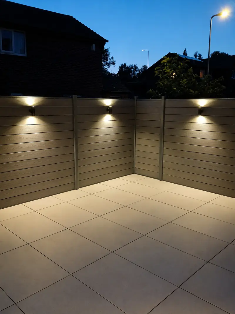 Composite fence panels lit by up and down outdoor wall lights above the new patio